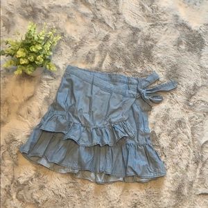 ruffle denim tie wrap skirt